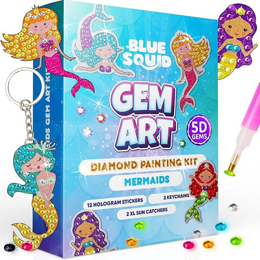 Blue Squid Diamond Art Kits for Kids – Fun & Easy DIY 5D Gem Art Gift Set for Keychains, Stickers, Sun Catchers - Diamond Painting Arts & Crafts Kit for Kids, Girls, Boys Ages 6 7 8 9 10 11 12