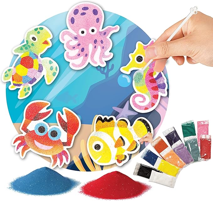 VHALE Peel and Stick Magnetic Sand Art Board, 5 MDF Sand Art Sets with Non Scratch Magnets, Peel, Sprinkle and Stick Designs, 12 Sand Colors, Fridge Decor, Kids Party Favors (Sea Life)