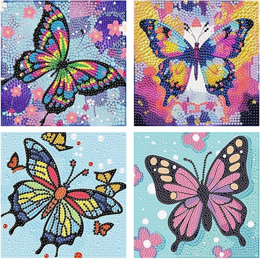 Reivworl 4 Packs Diamond Art Kits for Kids, Butterfly Diamond Art for Kids Ages 8-12, Butterfly Diamond Painting Kits for Kids for Home Wall Decor 6x6 Inch