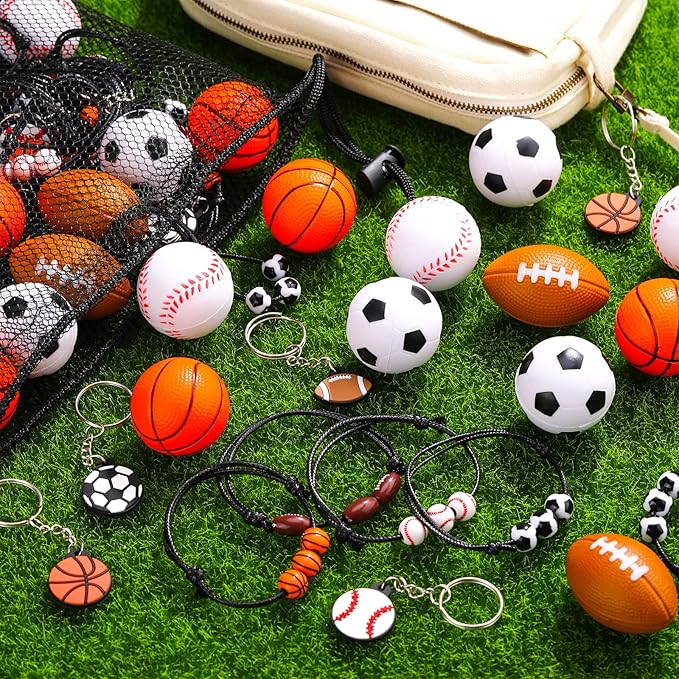 Nosiny 108 Pcs Sportball Party Favors Bulk 36 Pcs Sport Keychain Gifts 36 Pcs Sportball Stress Balls 36 Pcs Sportball Charm Bracelets for Team Birthday Party Supplies