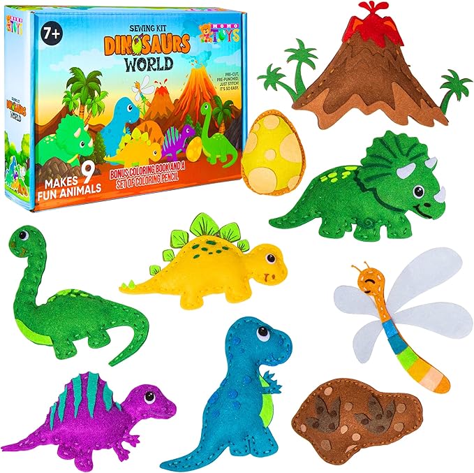 MOMOTOYS Sewing Kit for Kids, Fun & Educational Dinosaur Sew Craft Set for Boys and Girls Ages 8-12, Complete Beginner Kids Sewing Kit with Felt Plushie for Creative DIY Projects
