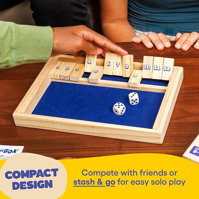 Shut The Box by Relatable, The Classic Choice for Tabletop Games, Math Games, Board Games for Kids and Adults, and Strategy Games, Includes 2 Dice, 1 Wooden Box, 1 Scorepad, and Instructions