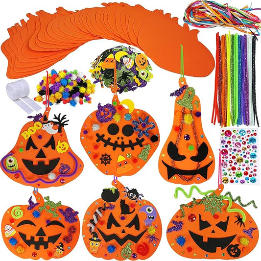 Winlyn 30 Kits Fall Halloween Pumpkin Decorations DIY Pumpkin Craft Kits Foam Pumpkin Shapes with Halloween Stickers Jack-O'-Lantern Face Stickers for Kids Gift Favors Art Project Classroom Activity