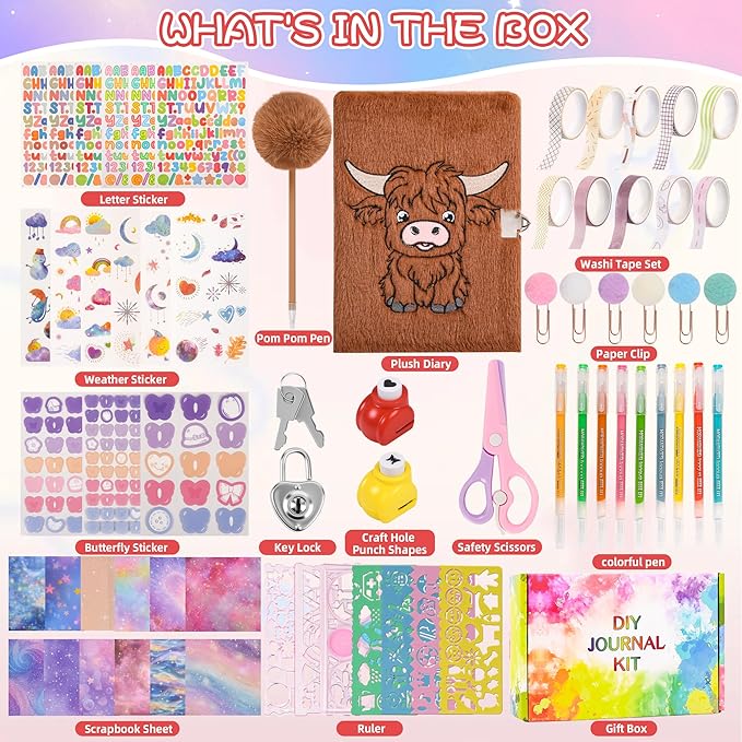 LiYiQ Plush Highland Cow Diary Gift for Girls Kids Travel Journal Secret Diary with Scrapbook Paper Stickers Journal Stencils Pompom Pen and Washi Tape Practical Set Gift for Birthday Christma