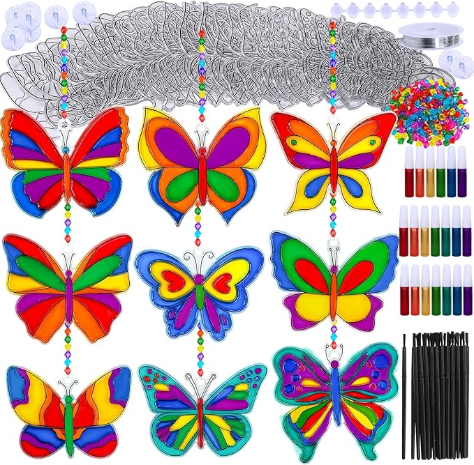 Winlyn 27 Sets Butterfly Suncatchers Ornaments Decorations DIY Window Paint Art Suncatchers Butterfly Suncatchers Painting Craft Kits for Kids Classroom Spring Easter Party Activities Art project