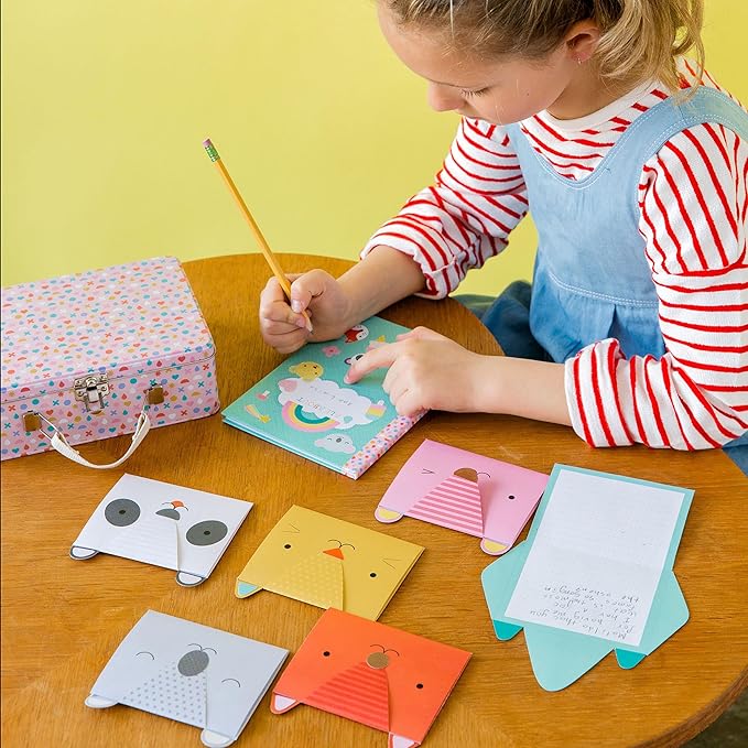 Petit Collage DIY Arts and Crafts Kit, Stationery Design – Craft Kit for Kids Includes 12 Animal Notecards, 1 Blank Journal, 2 Sticker Sheets, 4 Colored Double-Sided Pencils & Instructions