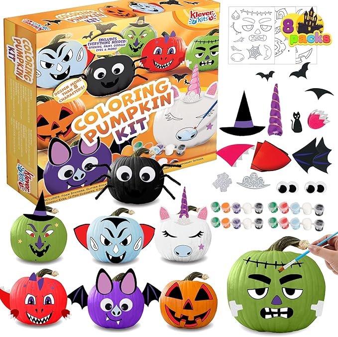 Klever Kits Halloween Pumpkin Decorating Kit, Halloween Arts and Craft Party Favors for Kids, Pumpkin Painting Kits Party Supplies, Halloween DIY Coloring Pumpkin Decorations, School Activities Games
