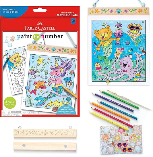 Faber-Castell Paint by Number Mermaid Pets - Kids Watercolor Mermaid Craft for Ages 6-8+