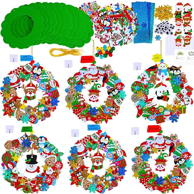 Winlyn 12 Sets Christmas Craft Kits Holiday Crafts DIY Christmas Wreath Ornaments Decorations Art Sets Xmas Snowmen Snowflake Festive Winter Foam Stickers Arts and Crafts for Kids Classroom Activities