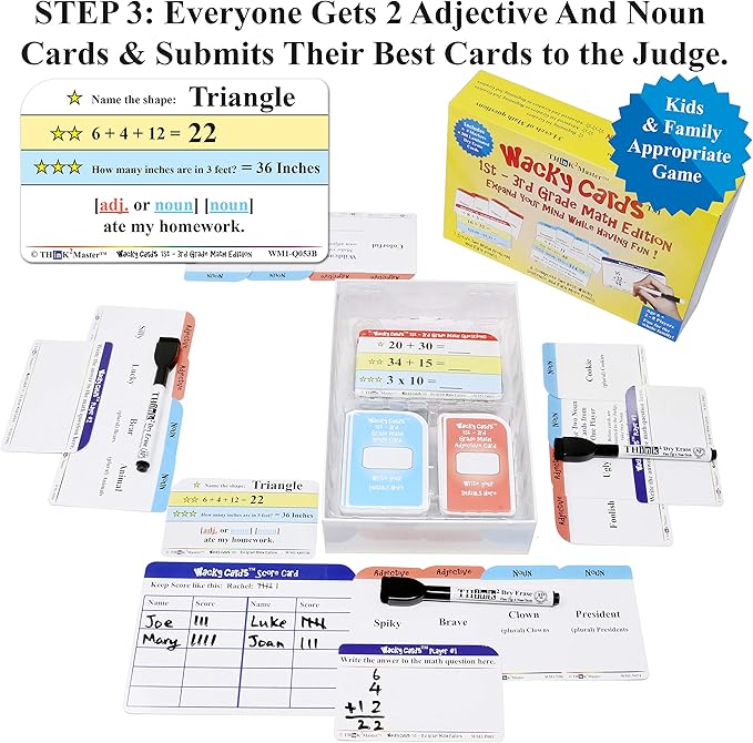 Think2Master Wacky Cards 1st - 3rd Grade. Math Card Game for Families & Classroom. Make Hilarious Sentences While Practicing Math Including Addition, Subtraction & Multiplication. +4 Dry Erase Markers