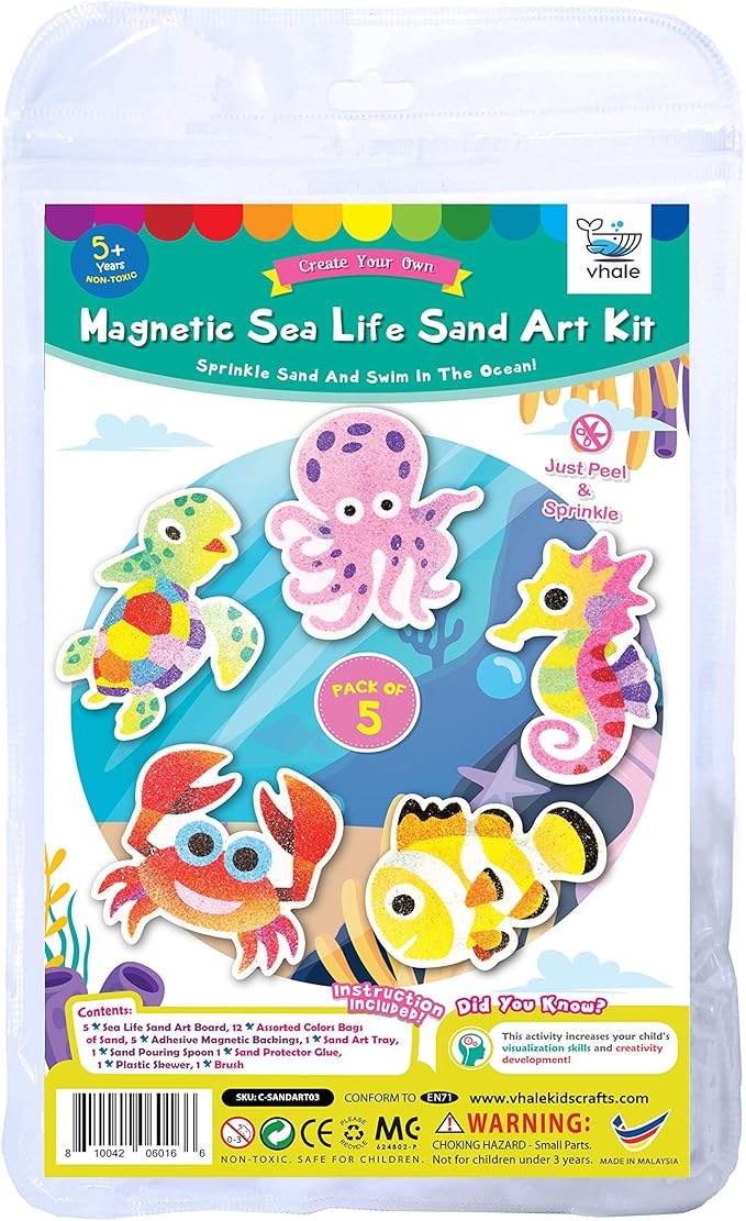 VHALE Peel and Stick Magnetic Sand Art Board, 5 MDF Sand Art Sets with Non Scratch Magnets, Peel, Sprinkle and Stick Designs, 12 Sand Colors, Fridge Decor, Kids Party Favors (Sea Life)