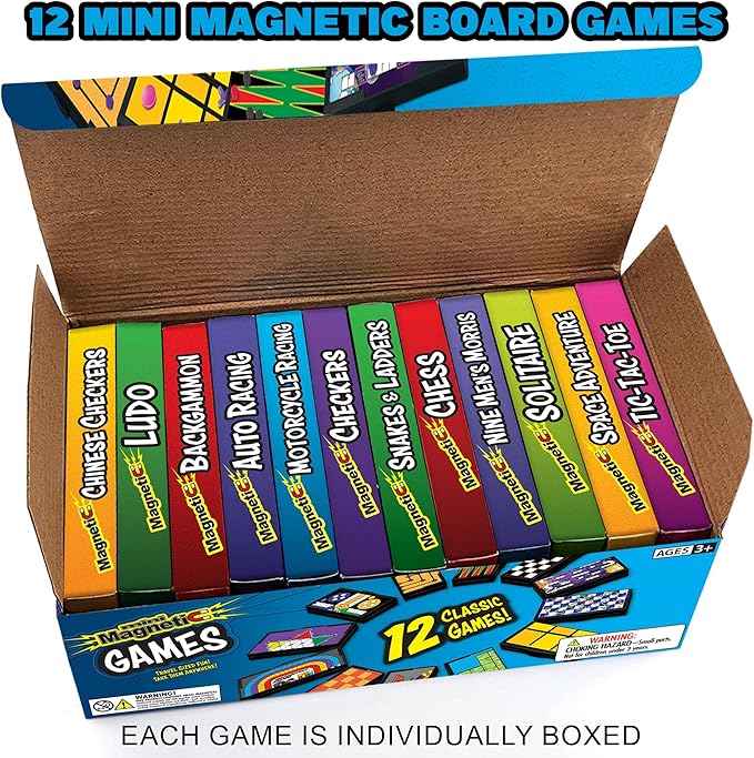 Magnetic Board Game Set by GAMIE - Includes 12 Retro Fun Games - 5" Compact Design - Individually Boxed - Teaches Strategy & Focus - Great for Road Trip/Travel/Camping - Best Gift for Kids Ages 6+