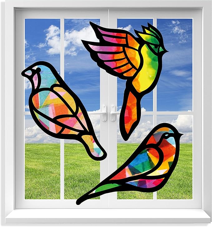 VHALE Suncatchers Craft 3 Sets (9 Cutouts) w Tissue Papers Stained Glass Effect Paper Sun Catcher Kit, Window Art, Classroom Crafts, Creative Art Projects, Kids Party Favors (Bird)