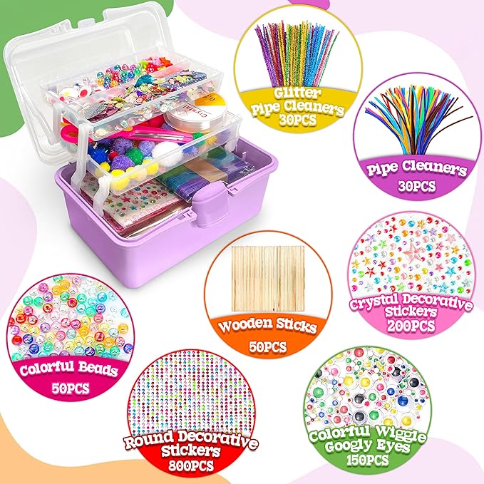 LINAYE 2500+PCS Arts and Crafts Supplies for Kids, DIY Craft Supplies Kit Box for Ages 6-8, Arts and Crafts Kit for Kids, Crafting Supply Set for Girls Boys Birthday Christmas Gifts, Purple