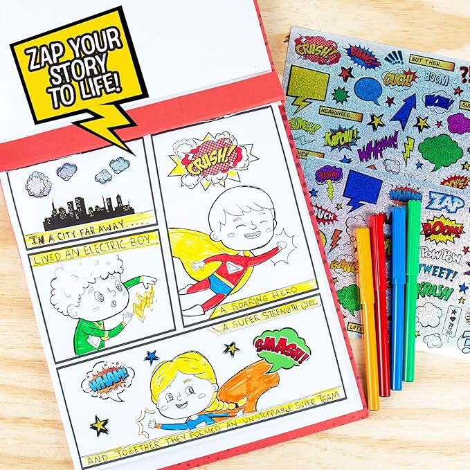 Made By Me Make Your Own Comic Book Storytelling Kit for Kids, 15-Page, Hardcover, How-to Draw Instructional Guide, Comic Inspired Stickers & Stamp, Holographic Stickers, 5 Vibrant Markers