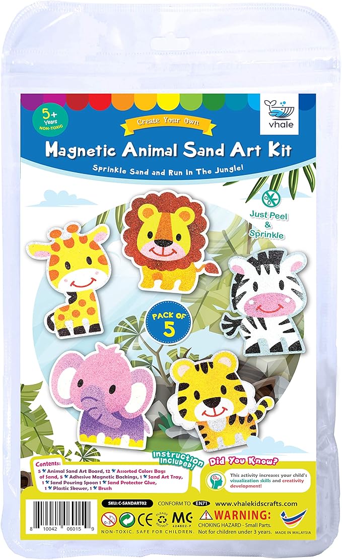 VHALE Peel and Stick Magnetic Sand Art Board, 5 MDF Sand Art Sets with Non Scratch Magnets, Peel, Sprinkle and Stick Designs, 12 Sand Colors, Fridge Decor, Kids Party Favors (Animal)