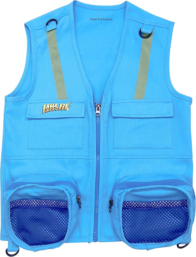 M/L Combination Set Fits Youth Sizes 8-12: 1 Light Blue Cargo Vest for Kids with Reflective Safety Straps & 1 Floppy Bucket Sun Hat with Chin Strap. Color: Light Blue