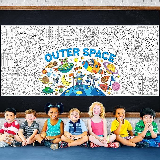 Outer Space Giant Coloring Poster for Kids 30 x 72 Inch, Space Large Coloring Poster Tablecloth, Outer Space Themed Color-in Activities Games for Kids School Classroom Home Party Supplies Decorations
