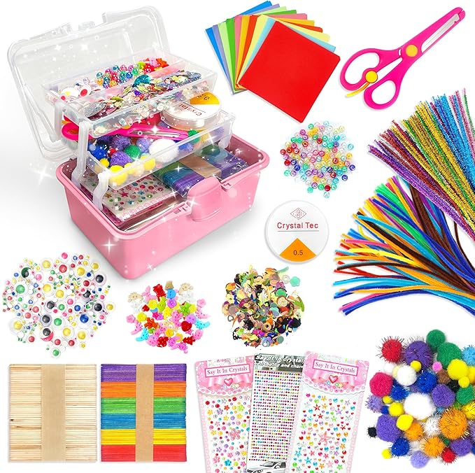 LINAYE 2500+PCS Arts and Crafts Supplies for Kids, DIY Craft Supplies Kit Box for Ages 6-8, Arts and Crafts Kit for Kids, Crafting Supply Set for Girls Boys Birthday Christmas Gifts, Pink