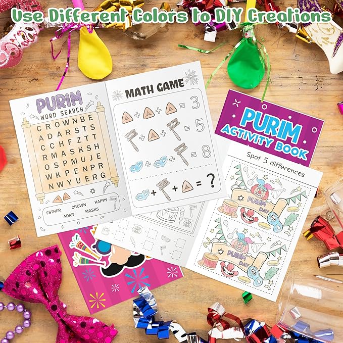 Purim Activity Books for Kids - 24Pcs Happy Purim Mini Games Coloring Book Set Bulk Mazes Word Search Word Scramble Games for School Classroom Jewish Carnival Holiday Reward DIY Art Gifts Party Favors