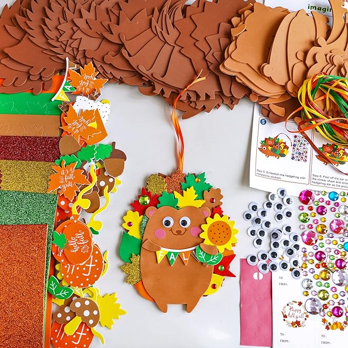 Winlyn 24 Sets Fall Craft Kits Fall Kids Crafts DIY Fall Leafy Hedgehog Ornaments Decorations Art Sets Autumn Leaf Foam Stickers Arts and Crafts Googly Eyes for Kids Thanksgiving Classroom Activities