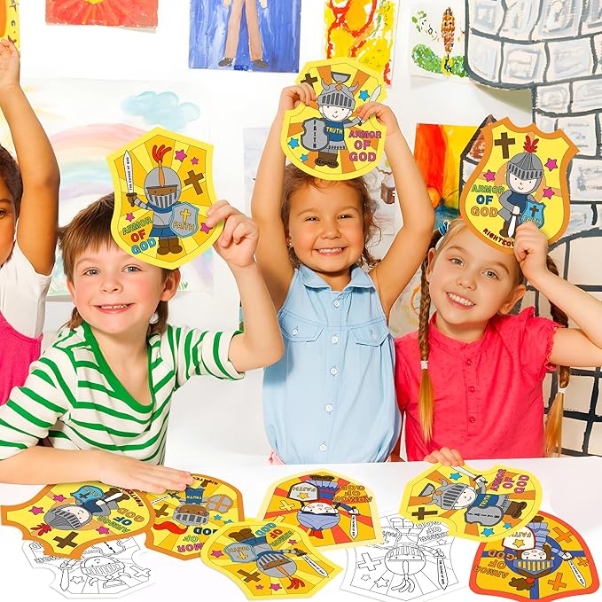 Dvbonike 24Pcs Sunday School Crafts for Kids Color Your Own Armor of God Craft Kit Religious Christian Coloring Card Soldier with Shield and Sword Drawing Party Gifts VBS Home Classroom Decor Supplies