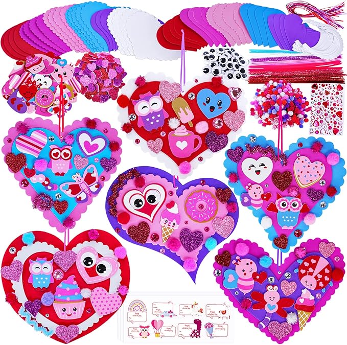 Winlyn 24 Sets Valentine's Day Heart Ornaments Decorations DIY Heart Ornaments Valentine Craft Kits Assorted Foam Heart Shape Stickers Googly Eyes for Kids Classroom Activity Gift Exchange Art Project