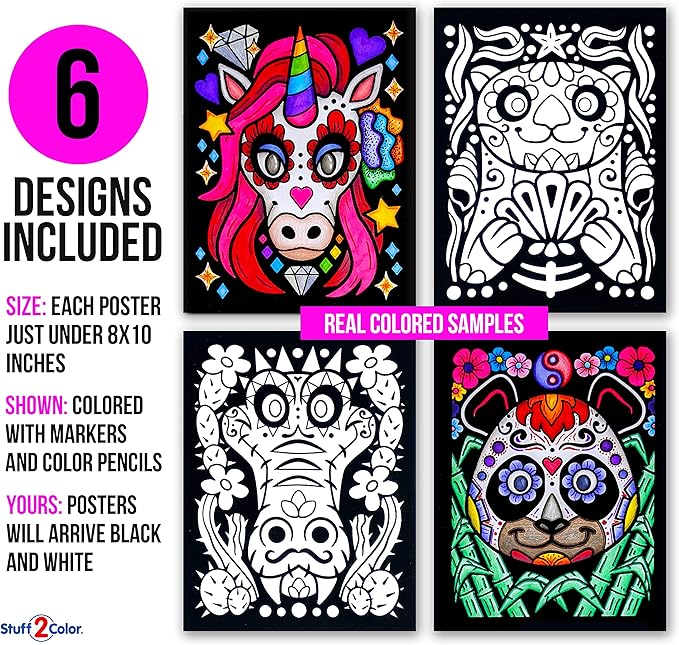 Stuff2Color Amazing Animals - 6 Pack of Fuzzy Black Velvet Coloring Posters - (Great for Kids, Adults, Group Activities) - Includes Unicorn, Panda, Cat, Otter, Gorilla, Gator (Arts and Crafts Fun)