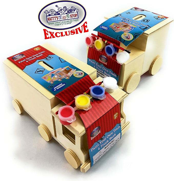Mɑtty's Toy Stop Design & Paint Your Own Wooden Train & Truck Banks (Each Includes 4 Paints & 1 Brush) Gift Set Bundle - 2 Pack