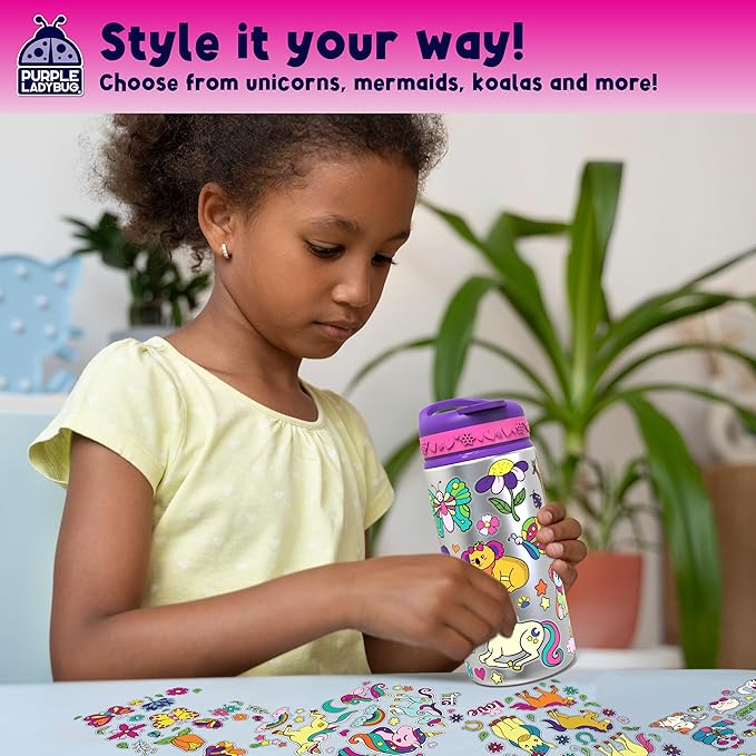 Purple Ladybug Decorate Your Own Water Bottle for Girls - Includes Trendy Stickers, Easter Gift for Ages 5-8, Birthday or Valentines Gift, Great for Little Girls