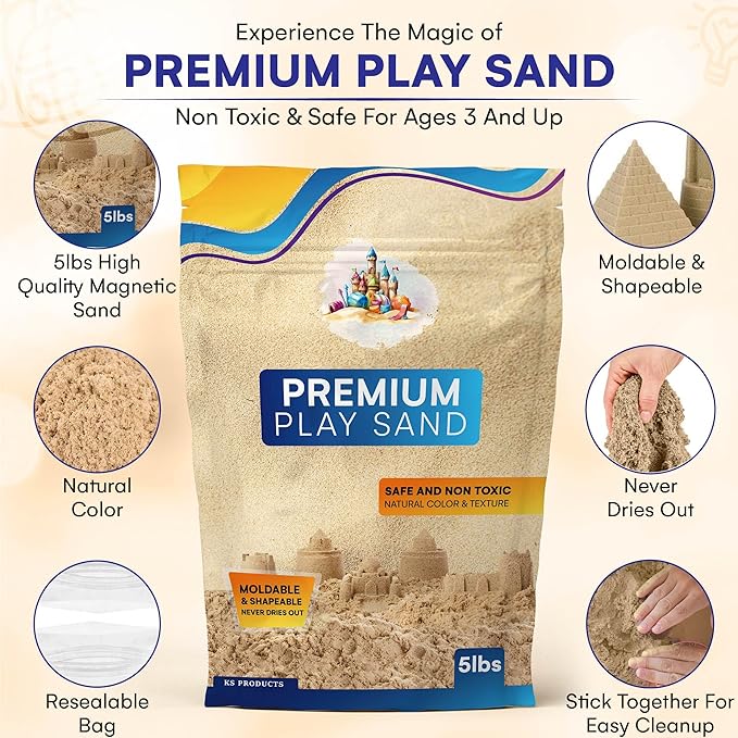 Natural 5 lbs Moldable Sand Refill Pack - Self-Sticking Magnetic Sand for Kids Sand Box Toys - Indoor Play Sand Bulk for Sensory Play Bin, and Sandbox - 5 Pounds Premium Play Sand with Resealable Bag