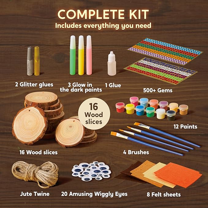 Klever Kits Wooden Painting Craft Kit-Glow in The Dark- Arts and Crafts for Kids Ages 6-12 Wood Slices with Art Activitiy Supplies, Wood Crafts for Boys Girls Party Gift Christmas Tree Ornaments