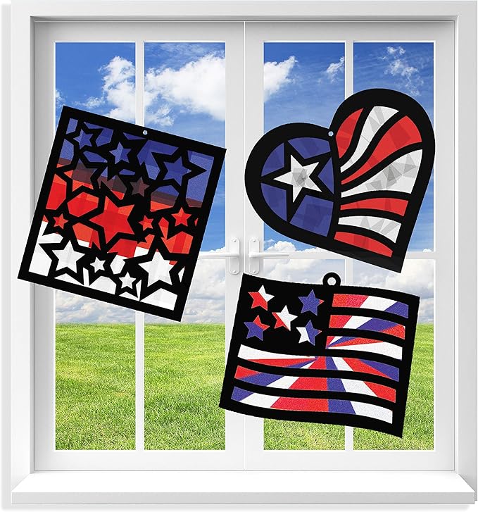VHALE Suncatchers Craft 3 Sets (9 Cutouts) w Tissue Papers Stained Glass Effect Paper Sun Catcher Kit, Window Art, Classroom Crafts, Creative Art Projects, Kids Party Favors (Patriotic)