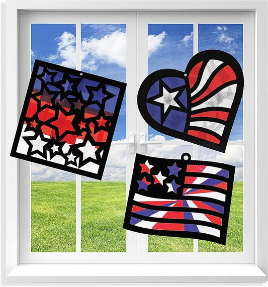 VHALE Suncatchers Craft 3 Sets (9 Cutouts) w Tissue Papers Stained Glass Effect Paper Sun Catcher Kit, Window Art, Classroom Crafts, Creative Art Projects, Kids Party Favors (Patriotic)