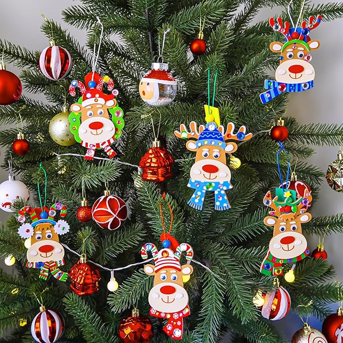 Winlyn 24 Sets Christmas Craft Kits Winter Crafts DIY Xmas Reindeer Head Ornaments Decorations Festive Foam Stickers Christmas Arts and Crafts for Kids Holiday Home Classroom Activities Party Favors
