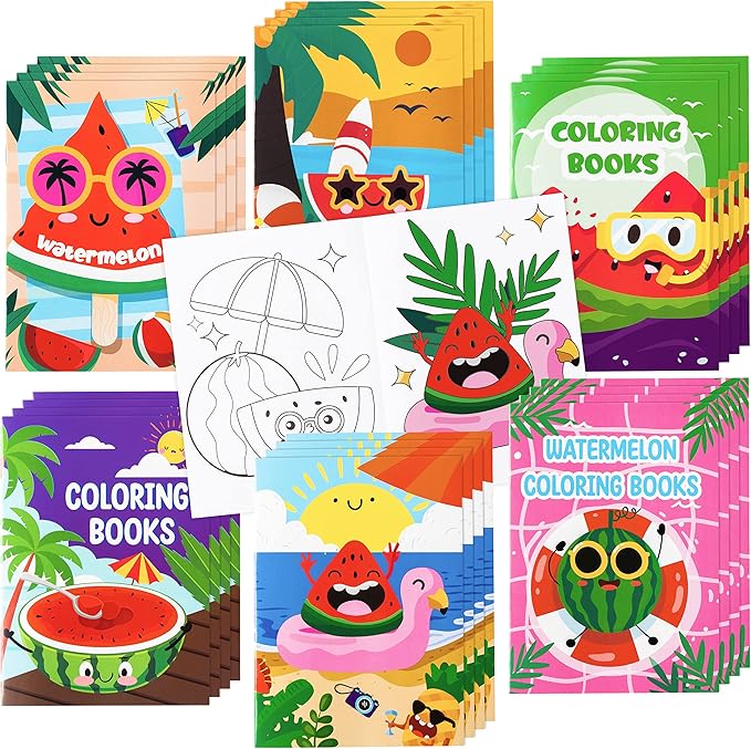Dvbonike 24Pcs Watermelon Coloring Books Summer Themed DIY Color-in Pages with Seaside Beach Sunglasses Drawing Party Favors Gifts Home School Classroom Game Art Activity Supplies for Kids Age 4-8