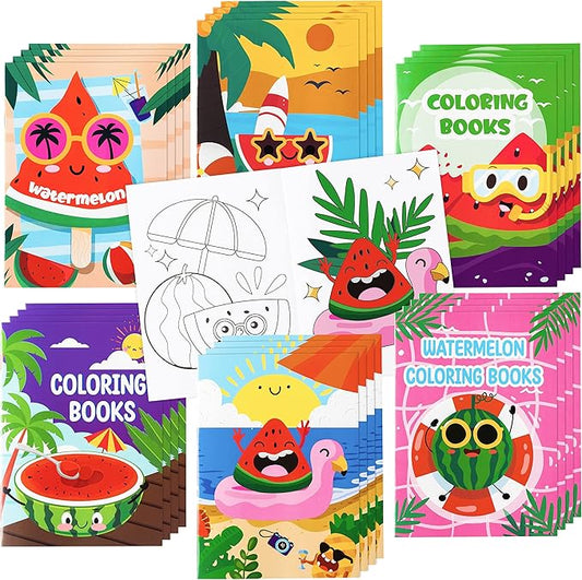 Dvbonike 24Pcs Watermelon Coloring Books Summer Themed DIY Color-in Pages with Seaside Beach Sunglasses Drawing Party Favors Gifts Home School Classroom Game Art Activity Supplies for Kids Age 4-8