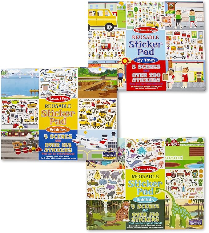 Melissa & Doug Reusable Sticker Pads Set: Habitats, Vehicles, Town: 115 Stickers - Restickable Stickers Book, Sticker Pads For Kids Ages 3+