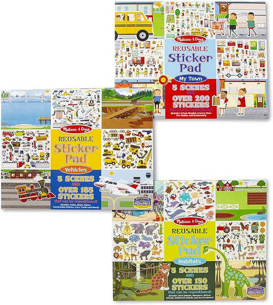 Melissa & Doug Reusable Sticker Pads Set: Habitats, Vehicles, Town: 115 Stickers - Restickable Stickers Book, Sticker Pads For Kids Ages 3+