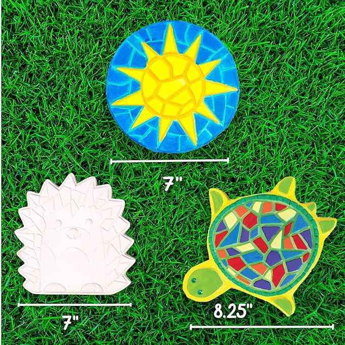 Creative Roots Mosaic Turtle, Hedgehog, & Sun Stepping Stone, Includes 3-Pack 7-Inch Ceramic Stepping Stone & 6 Vibrant Paints, Paint Your Own & DIY Stepping Stone for Kids Ages 8+