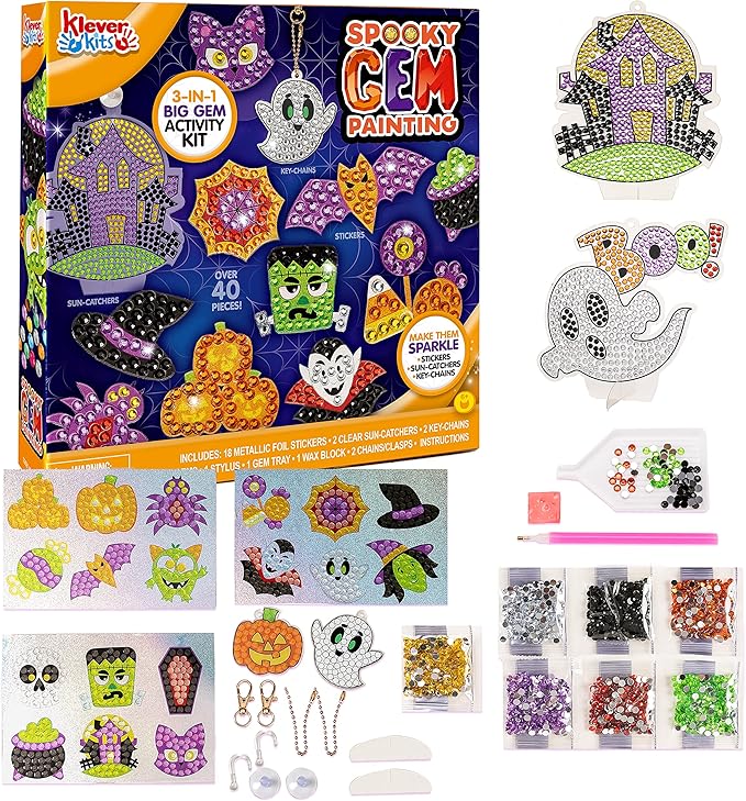 Klever Kits Halloween Gem Art Kit, Kids Halloween Art Crafts Party Supplies, Diamond Painting Kit with Stickers, Suncatchers, and Keychains, Party Favor DIY Activities School Game Goodies Gift