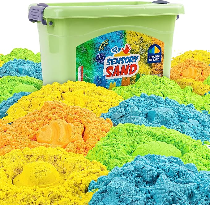 Sensory Sand Bulk Size 8 Pound Multicolor with Blue Orange Green and Yellow Sensory Play Sand in Container