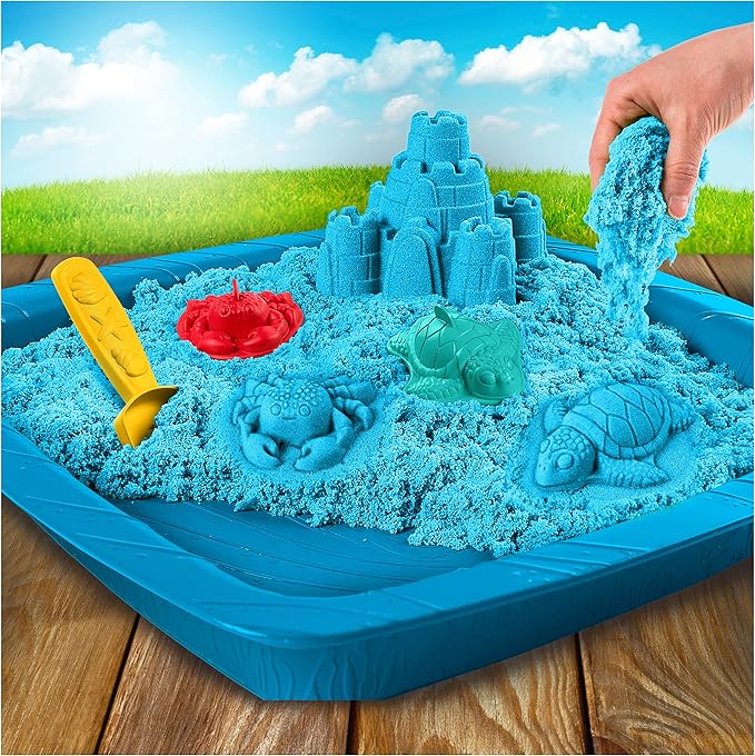 Kinetic Sand, Sandbox Set Kids Toy with 1lb All-Natural Blue and 3 Molds, Sensory Toys for Kids Ages 3 and Up