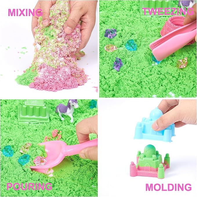 Unicorn Sensory bin, Unicorn Toy for Kids,Castle Moulds, Sensory Sand,Sand Art kit for Boys and Girl, Squishy Sand for Toddlers 3+………